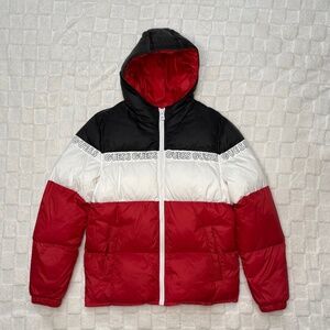 GUESS Men Color Block Hooded Puffer Winter Jacket, Black/White/Red, size M, NWOT